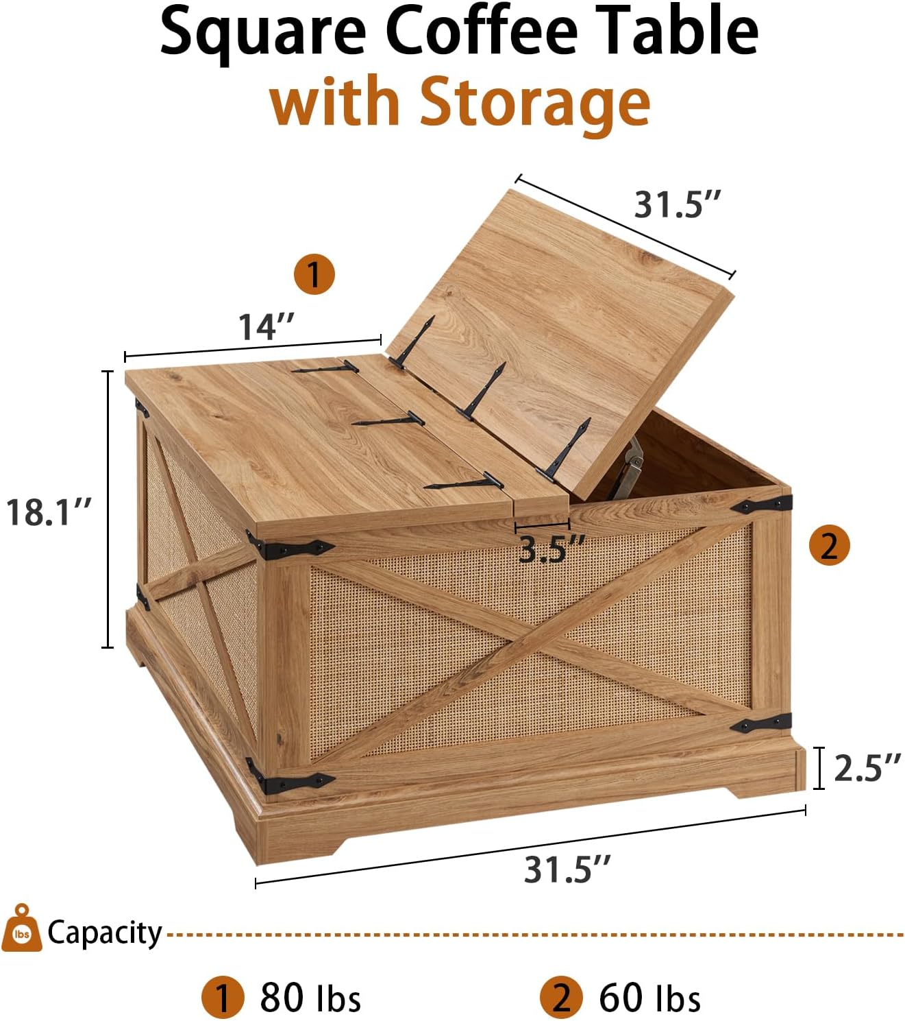 Farmhouse Square Coffee Table with Storage,  Rattan Wood Center Table with Hinged Lift Top, Rustic Cocktail Table with Large Hidden Storage Compartment for Living Room, Bedroom