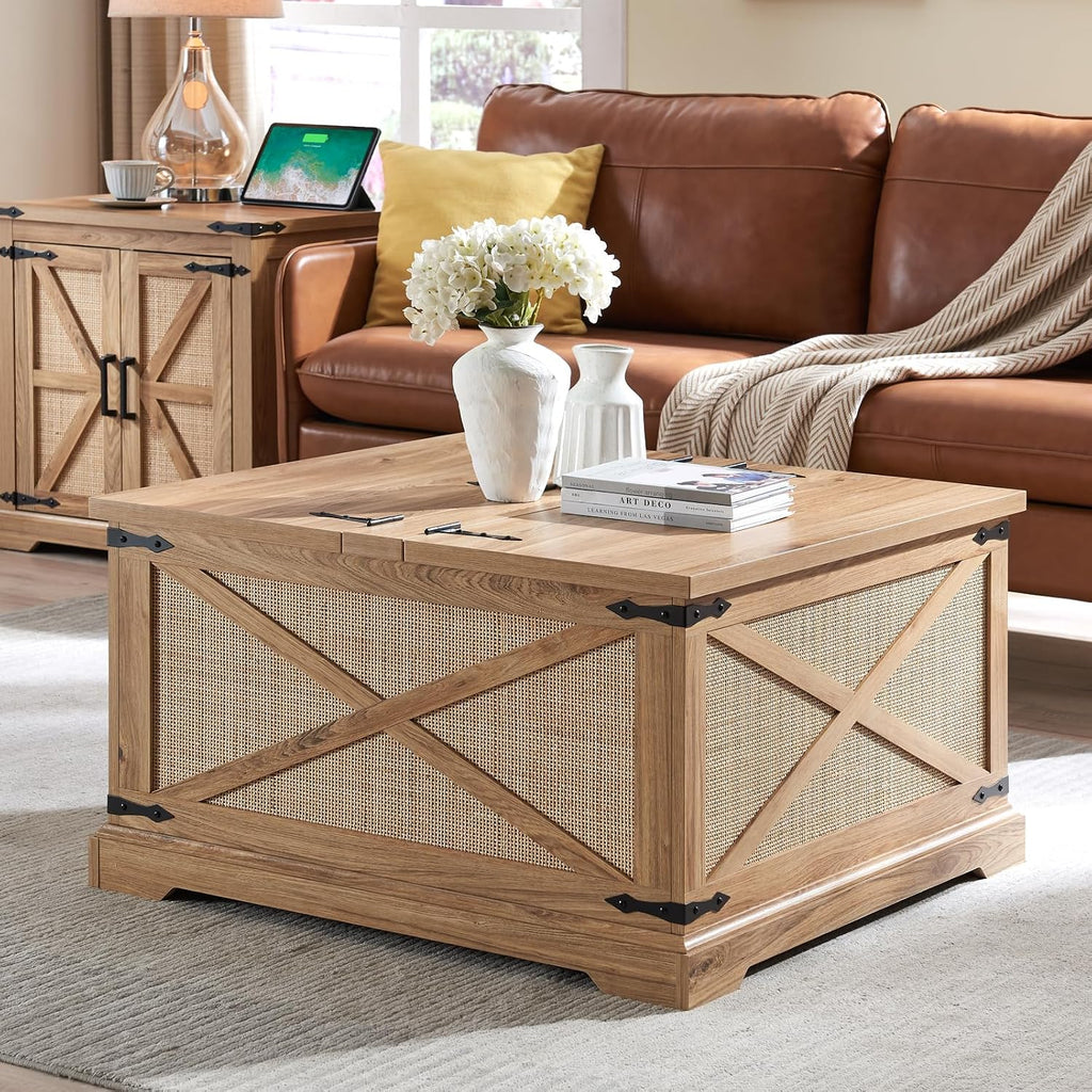 Farmhouse Square Coffee Table with Storage,  Rattan Wood Center Table with Hinged Lift Top, Rustic Cocktail Table with Large Hidden Storage Compartment for Living Room, Bedroom